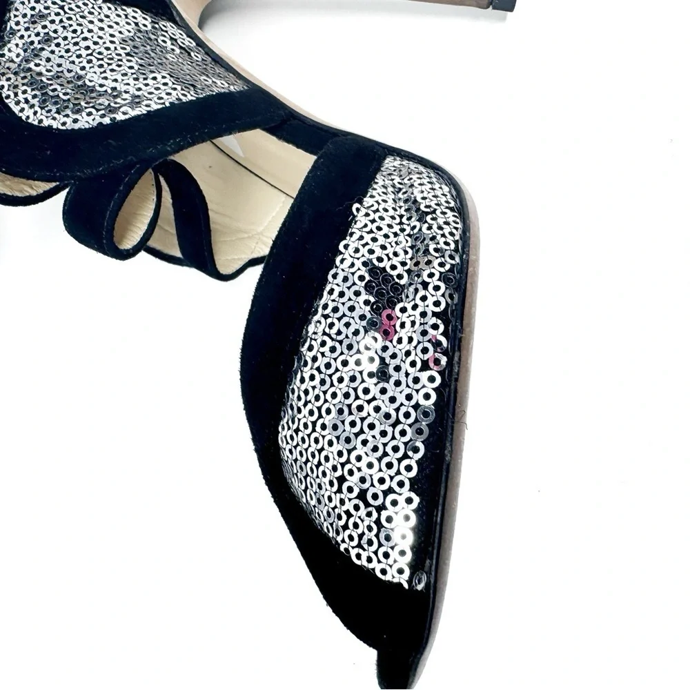 JIMMY CHOO Silver Sequin Black Suede Cut Out Temptress Stiletto Heels 37.5 - Picture 6 of 11